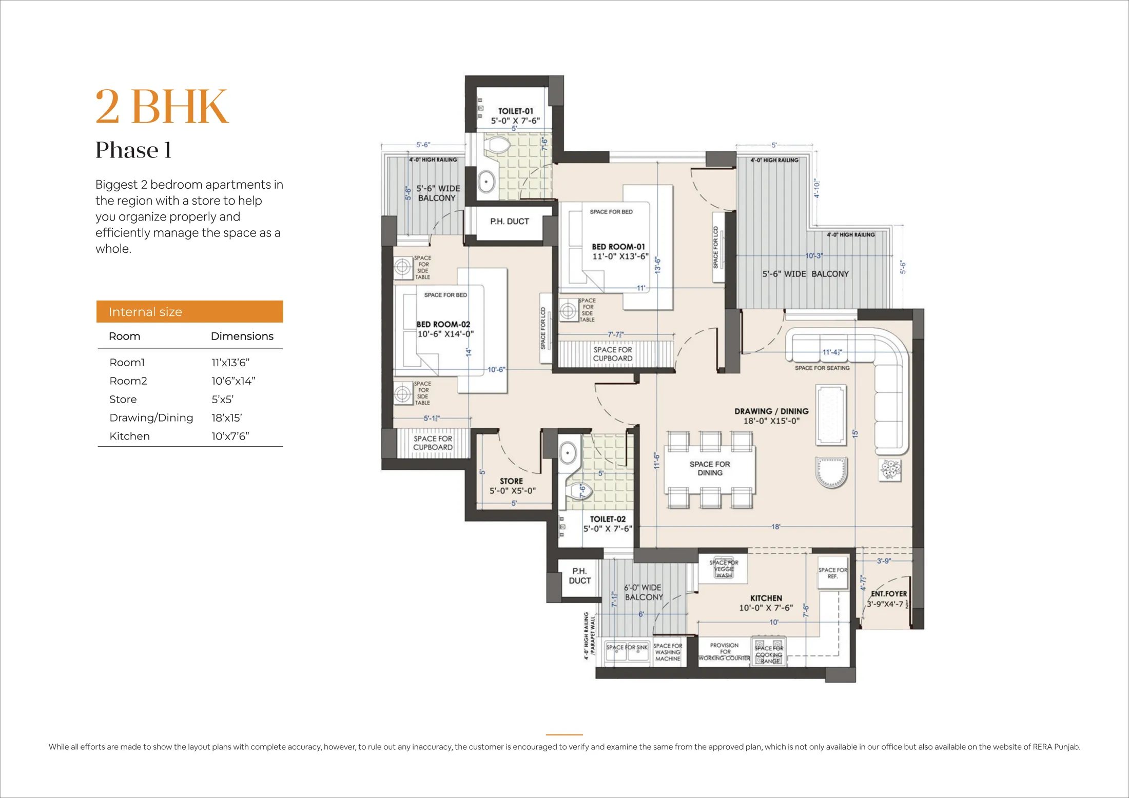 2 BHK 1305 sq ft floor plan