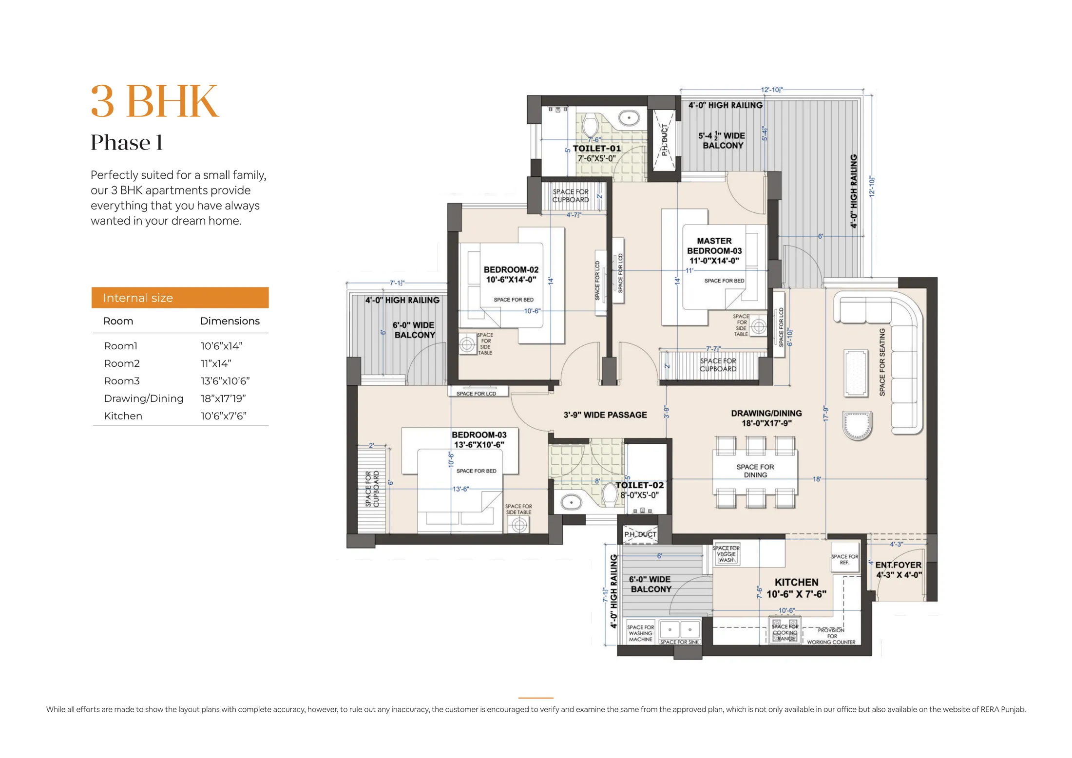 3 BHK 1550 sq ft floor plan