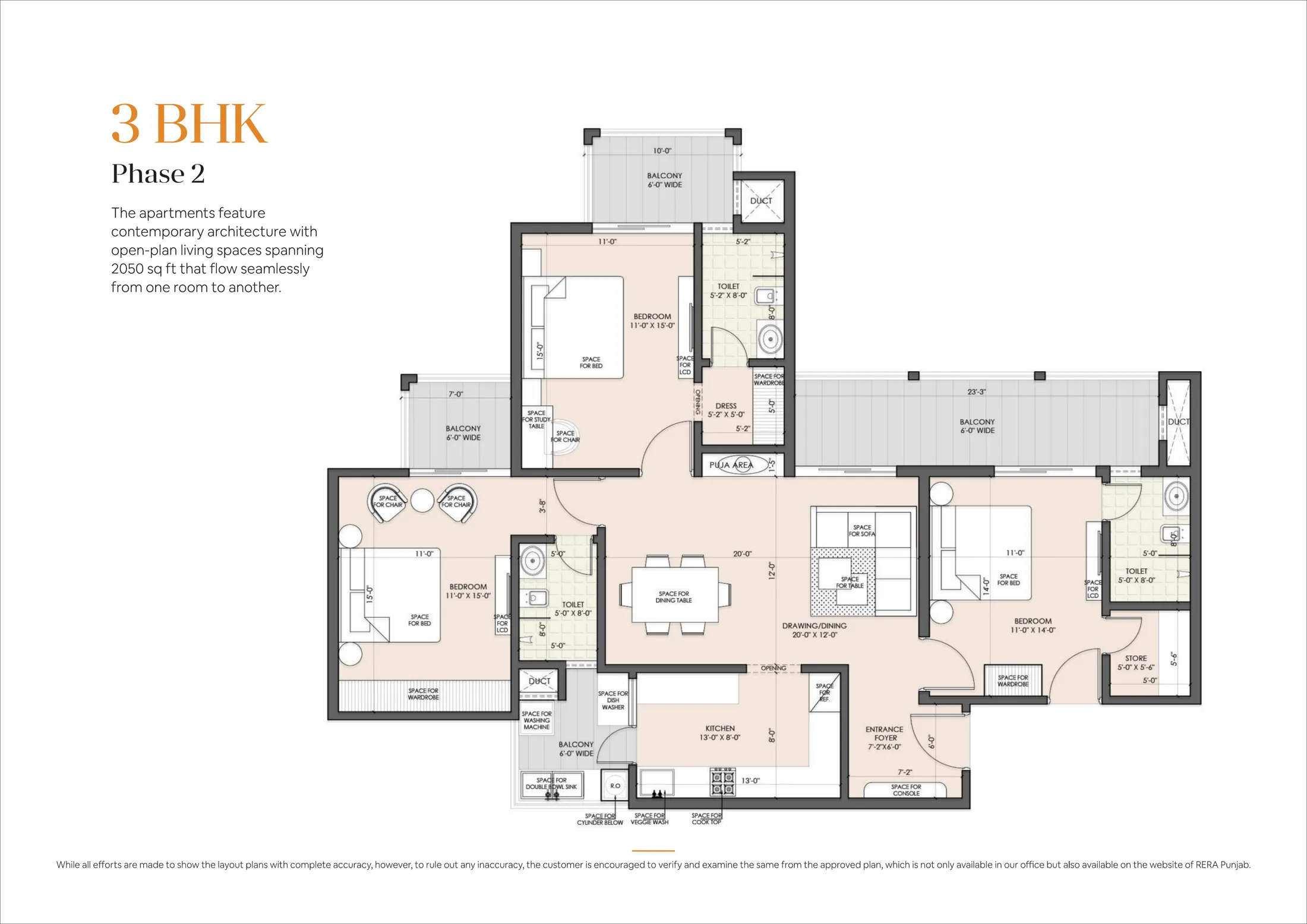 3 BHK 2050 sq ft Phase 2 floor plan